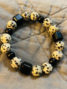 Dalmatian Jasper & Black Tourmaline Stretch Bracelet
